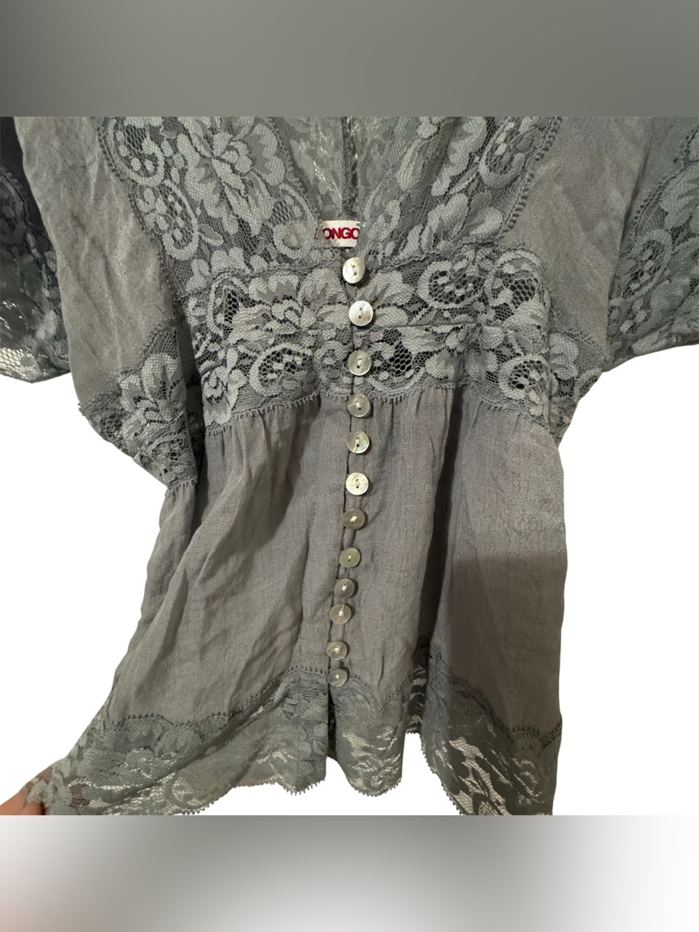 BONGO Y2K Gray Lace Sheer V-Neck Flutter Sleeve Blouse - Picture 2 of 5